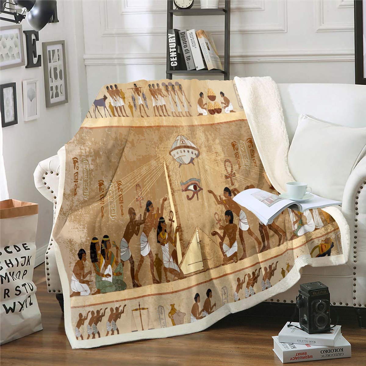 Loussiesd Ancient Egypt Sherpa Blankets Egypt Culture Throw Blanket for Couch Sofa Travel Teens Ultra Soft Retro Egyptian Mural Fleece Blankets Bed Decor Tribal Style Double 60"x79"