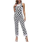 Odefou Checkered Pants Womens Overalls Fashion Bib Coveralls Cute Stretch Jeans Jumpsuit