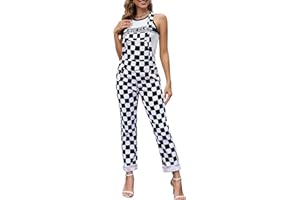 Odefou Checkered Pants Womens Overalls Fashion Bib Coveralls Cute Stretch Jeans Jumpsuit