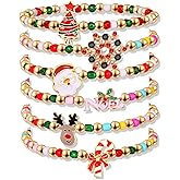 CENAPOG 6 Pack Christmas Beaded Bracelets for Women Christmas Tree Snowflake Reindeer Charms Small Colorful Beaded Stackable Stretch Bracelets Xmas Ornament Jewelry Accessories Gifts