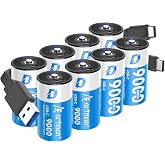 Artman Rechargeable Lithium D Batteries 8 Pack, 9000mWh Rechargeable Lithium-ion D Cell Battery with 4 2-in-1 USB-C Charging Cable, 1.5V Batteries D Size for Floodlight Toys, Water Heater, Gas Stove