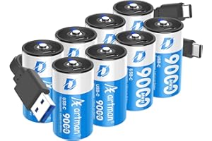 A ARTMAN Artman Rechargeable Lithium D Batteries 8 Pack, 9000mWh Rechargeable Lithium-ion D Cell Battery with 4 2-in-1 USB-C Charging Cable, 1.5V Batteries D Size for Floodlight Toys, Water Heater, Gas Stove