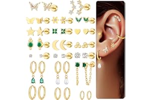 TAMHOO 20 Pairs 40pcs Gold Flat Back Earrings Hypoallergenic Cartilage Earring for Women,Mix of 10pcs Hoops,30pcs Studs,Dazzling Helix & Tragus Piercing Jewelry,20G Screw Back Earrings Sets for Multiple Piercing