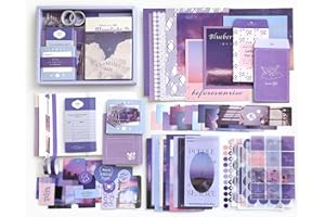 ELKCIP Vintage Aesthetic Scrapbook Kit(346pcs), Scrapbooking Supplies Kit with Bullet Junk Journal, Stationery, A6 Grid Notebook with Graph Ruled Page DIY Journaling Gift for Teen Girl Kid Women, Purple
