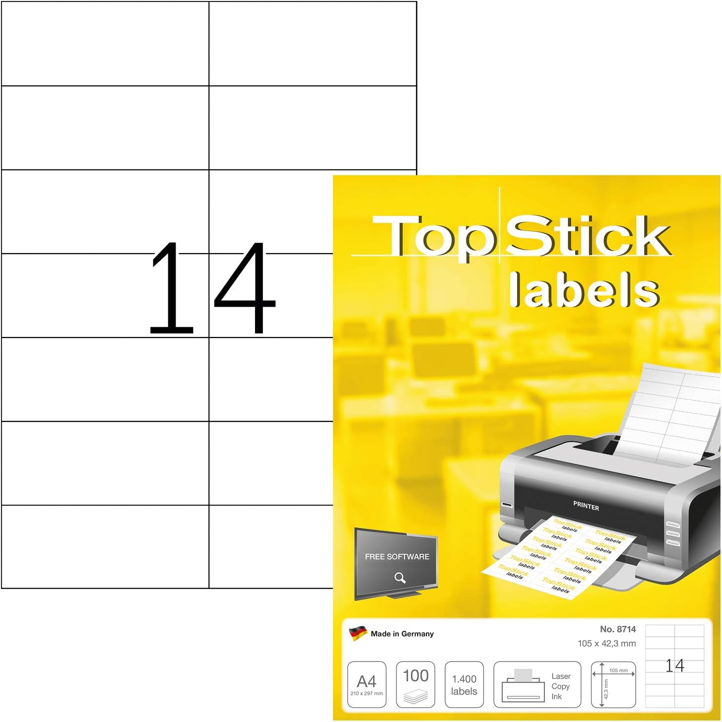 TopStick Self Adhesive Multi-Purpose Labels, 14 Labels Per A4 Sheet, 1400 Labels for Laser and Inkjet Printers, 105 x 42.3 mm (8714)