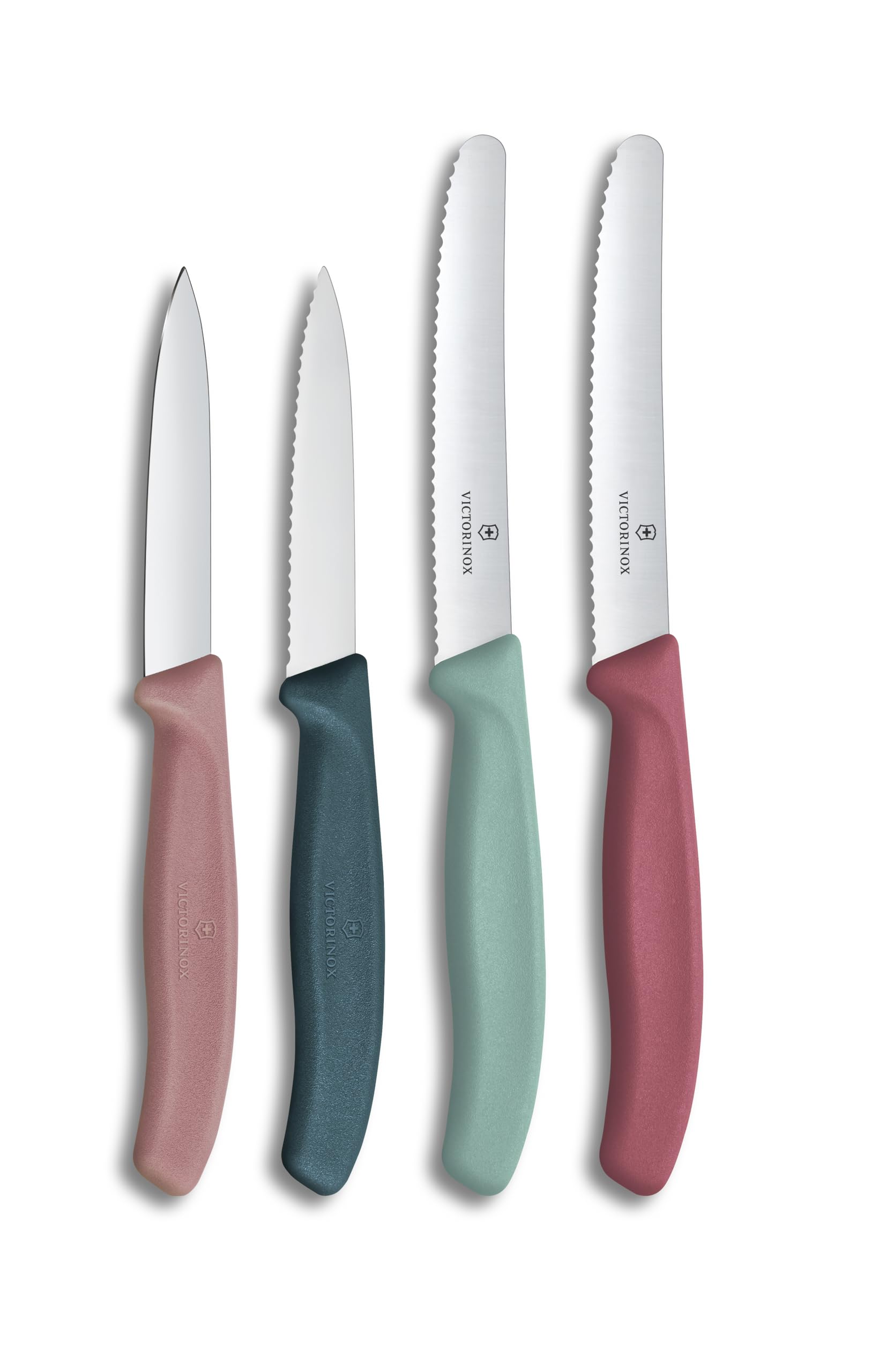 Victorinox Swiss Classic, Tomaten- und Gemüsemesser Set, 4teilig, Scharfe Klinge, 8 und 10 cm, Wellenschliff, Rostfreier Stahl, Grün und Rot