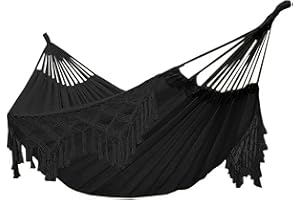 YFUG GO Double Sized Boho Macrame Black Hammock with Elegant Tassels and Fishtail Knitting 485Lbs Includes Tie Ropes and Black Drawstring Bag for Women