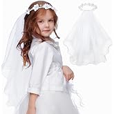 SWEETV 6 Pcs First Communion Veil Set for Girls 1st Communion Bow Veil Headpiece Accessories Set White Lace Veil Flower Crown