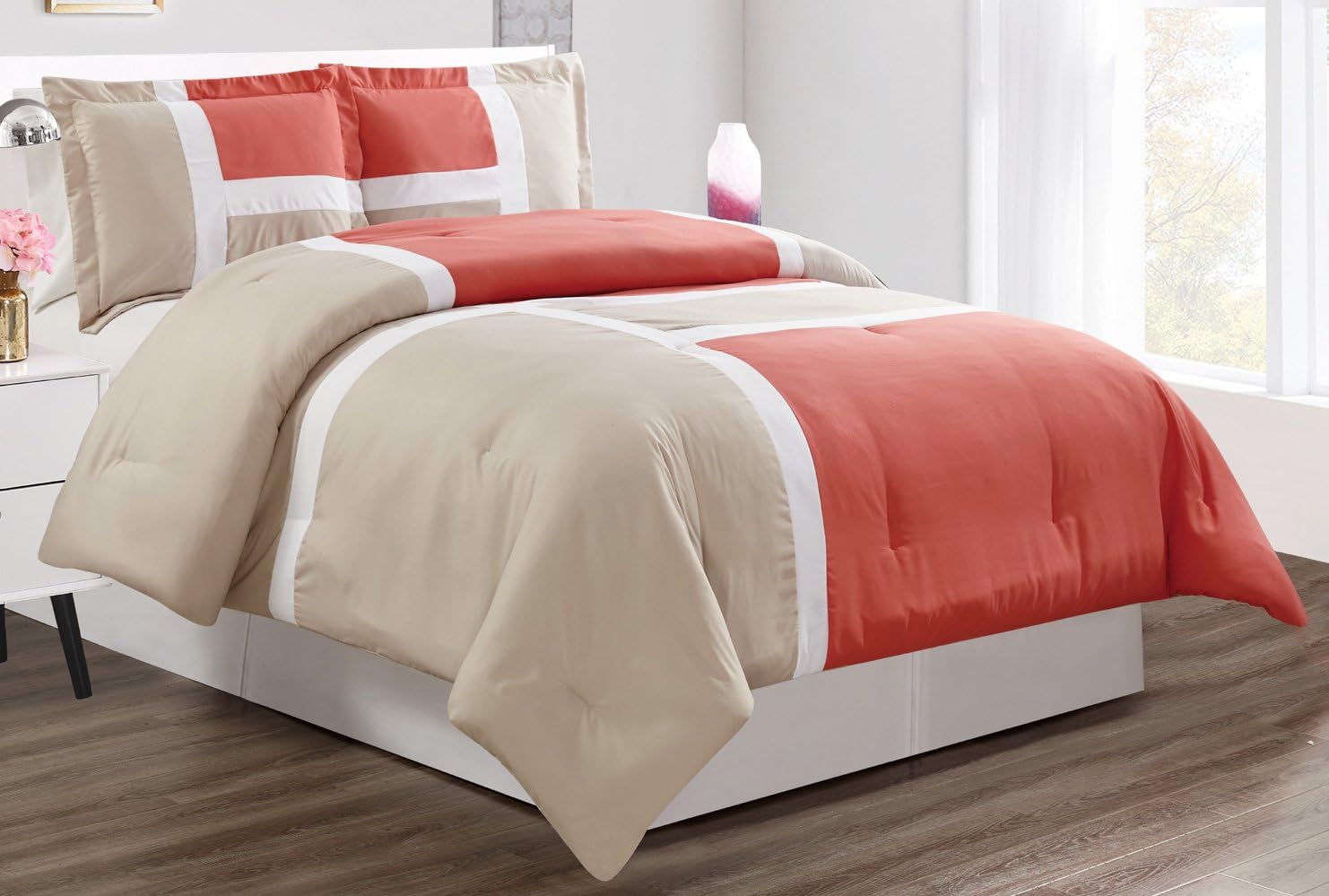 Amazon Com 3 Piece Coral Orange Grey Gray Goose Down Alternative