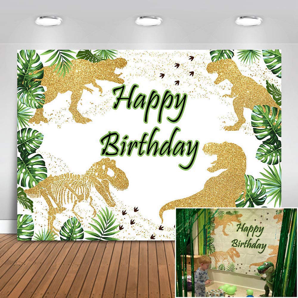 Avezano Dinosaur Theme Birthday Party Backdrop 7x5ft Gold and Green Safari Jungle T-Rex Dinosaur Background Boy Birthday Party Decoration Banner for Photography Kids Photo Studio Props