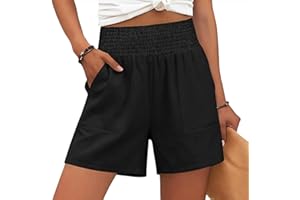 Casual Shorts for Women Summer Smocked Elastic Waist Wide Leg Short Pants Dressy Beach Vacation Shorts with Pockets