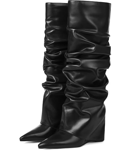 Amazon.com: Ceciloroda Fold Over Boots Slouch Block Heels Dressy