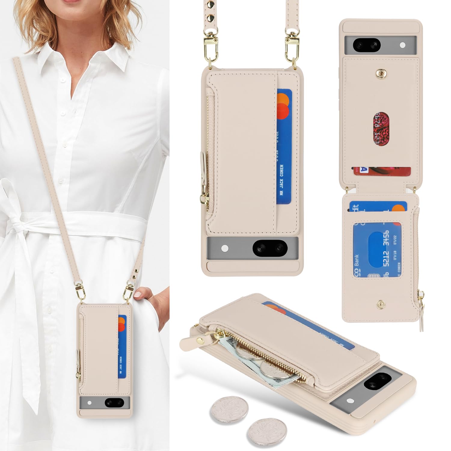 Cavor Compatible with Google Pixel 7a Case Wallet, Pixel 7a Crossbody Phone Case with Strap, Wallet Cover for Women,Leather Zipper Pocket Card Holder-Cream