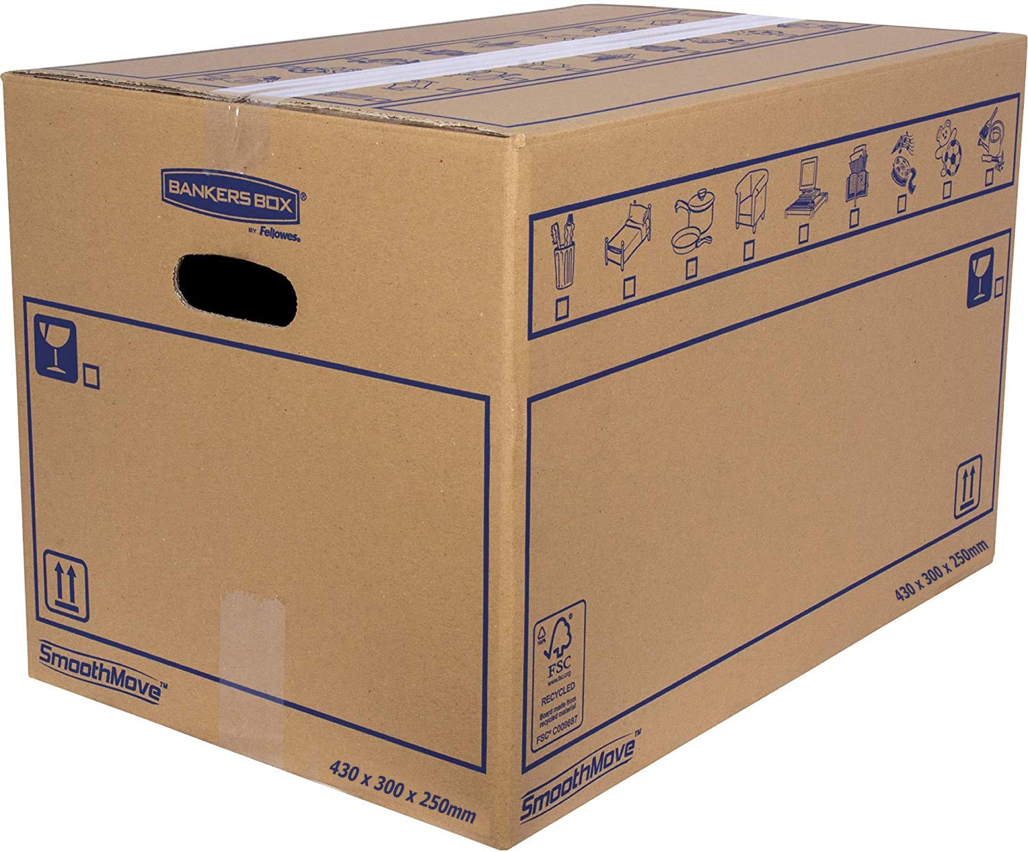 Bankers Box 6208301 Pack of 10 Cardboard Boxes with Handles for Moving, Storage and Transport, Ultra-Resistant, Reinforced Single Channel, 32 Litres, Brown, 43 x 30 x 25 cm