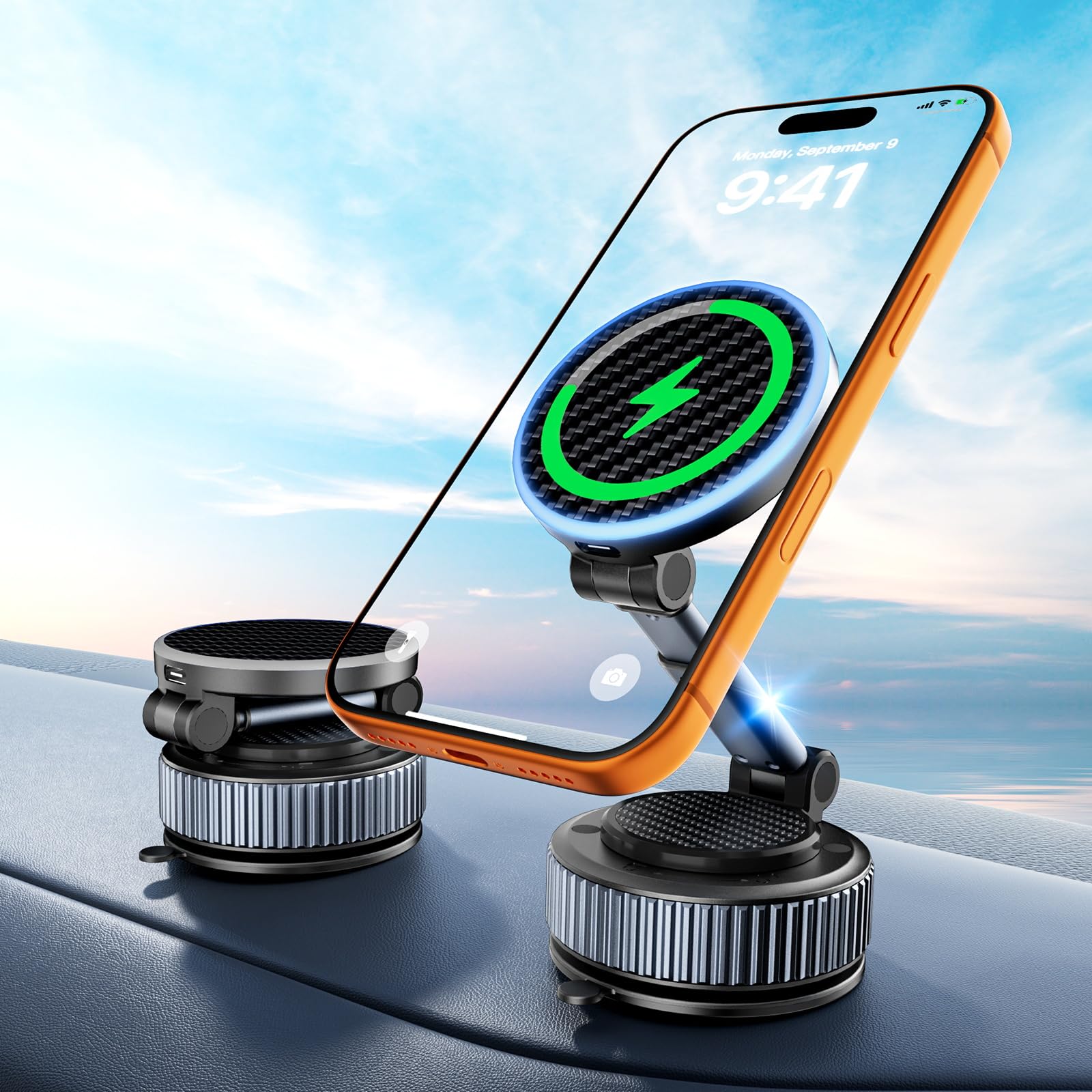 Photo 1 of CloudValley 15W Wireless Charger Magnetic Car Mount Phone Holder Carbon Fiber, Dashboard/Windshield 360° Adjustable Stand [Compatible with MagSafe] Wireless Charging Arm for iPhone 17-12 Series