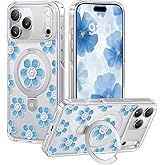 CASEKOO Floral Series Blue Flowers for iPhone 17 Pro Max Case with Magnetic Ring Stand [Compatible with MagSafe] [Military-Grade Protection] Fashion Clear Back, Soft Edge, for Women