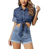 Women's Tie Front Chambray Shirts Roll Up 3/4 Sleeve Button Down Crop Denim Tops