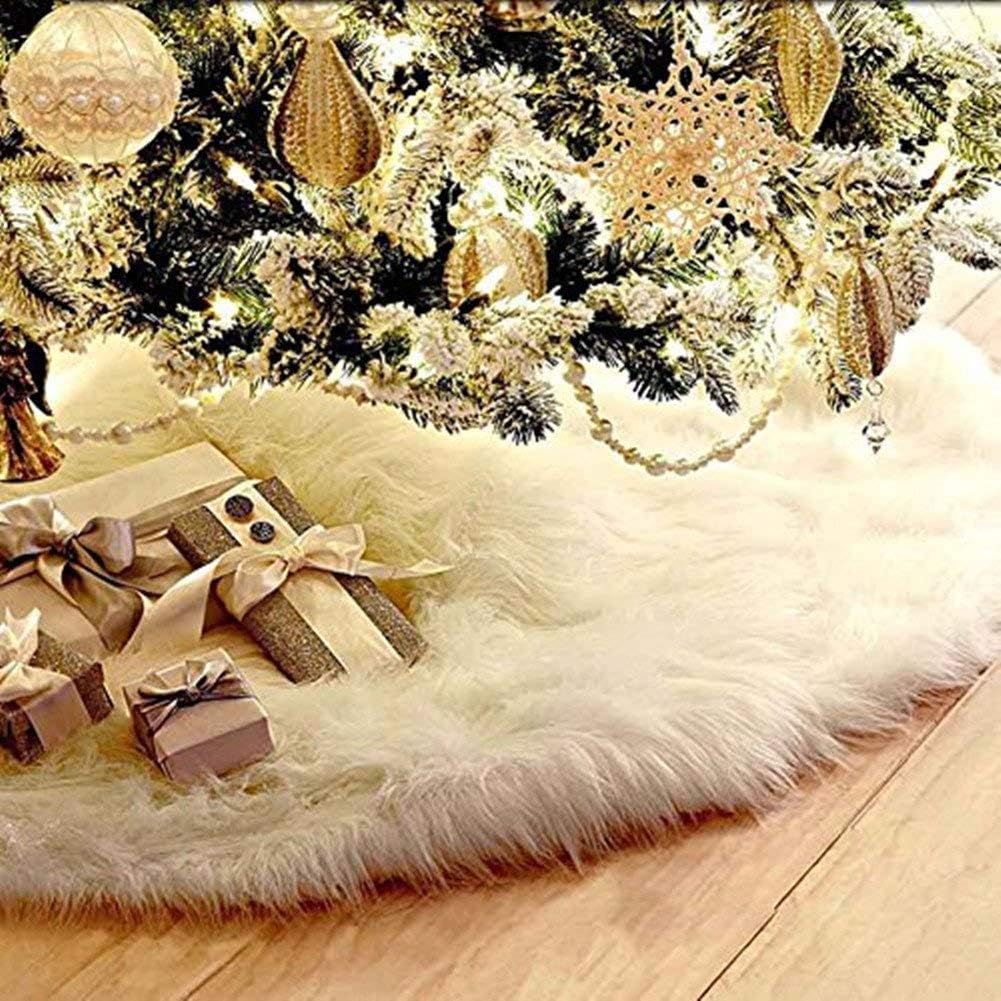 Christmas Tree Skirt,35" White Faux Fur Tree Mat Skirts Holiday Decoration Ornaments, Indoor Outdoor Home Xmas Party Decor (White, Small)