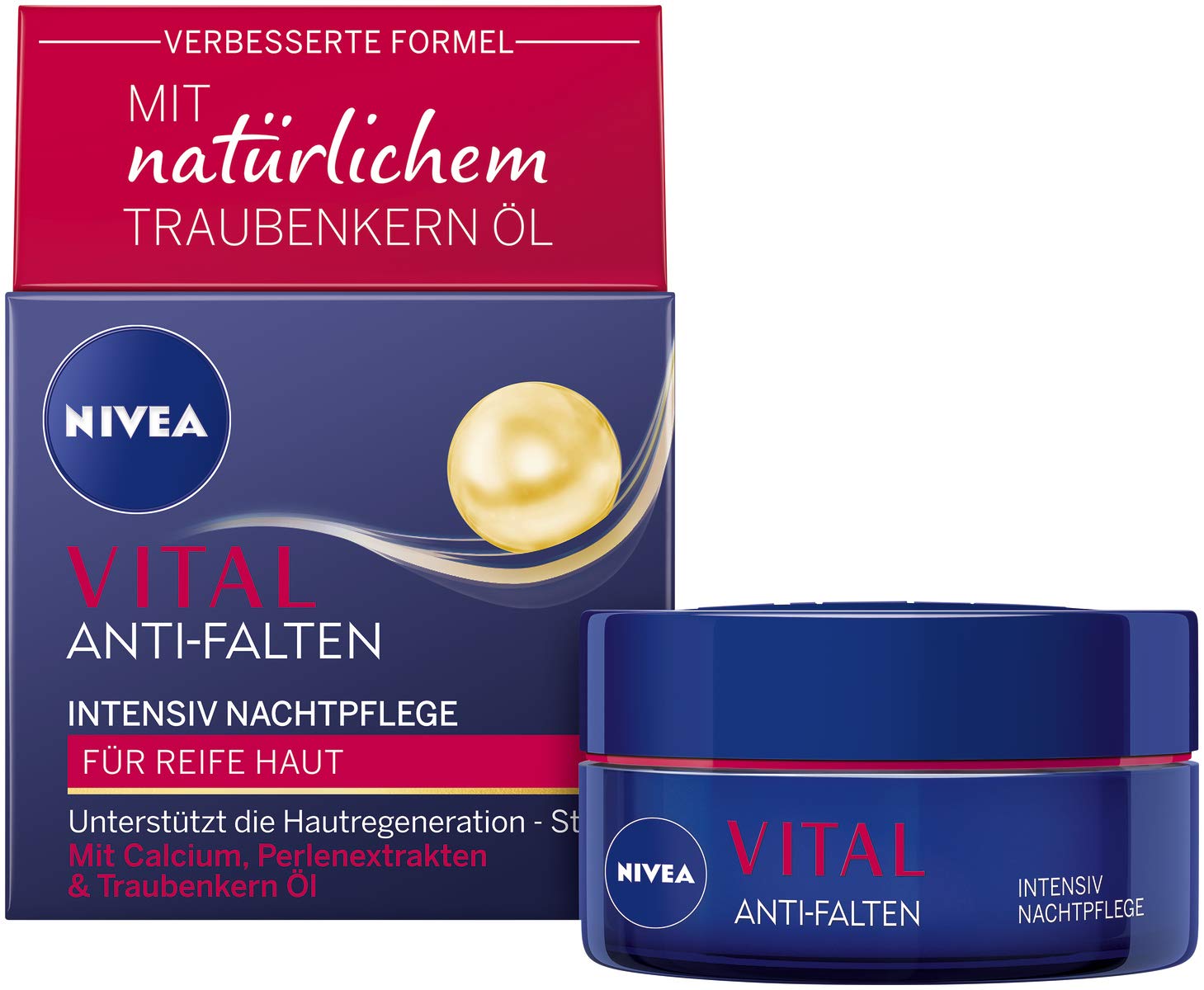 NIVEA Vital Intensive Night Cream (50 ml), Rich Moisturiser with Calcium, Pearl Extracts and Natural Grape Seed Oil, Regeneration of the Skin Overnight