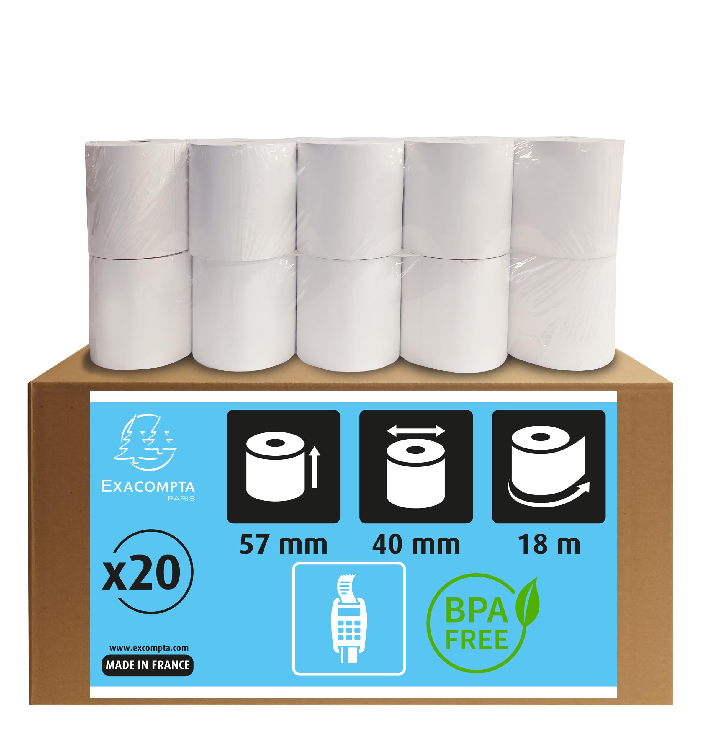 Exacompta - Ref 40751E - Credit Card Machine Receipt Roll (Pack of 20 Rolls) - 57mm Width x 18m Length, Suitable for Shops, Kiosks, Cafés, Restaurants, Card Payments