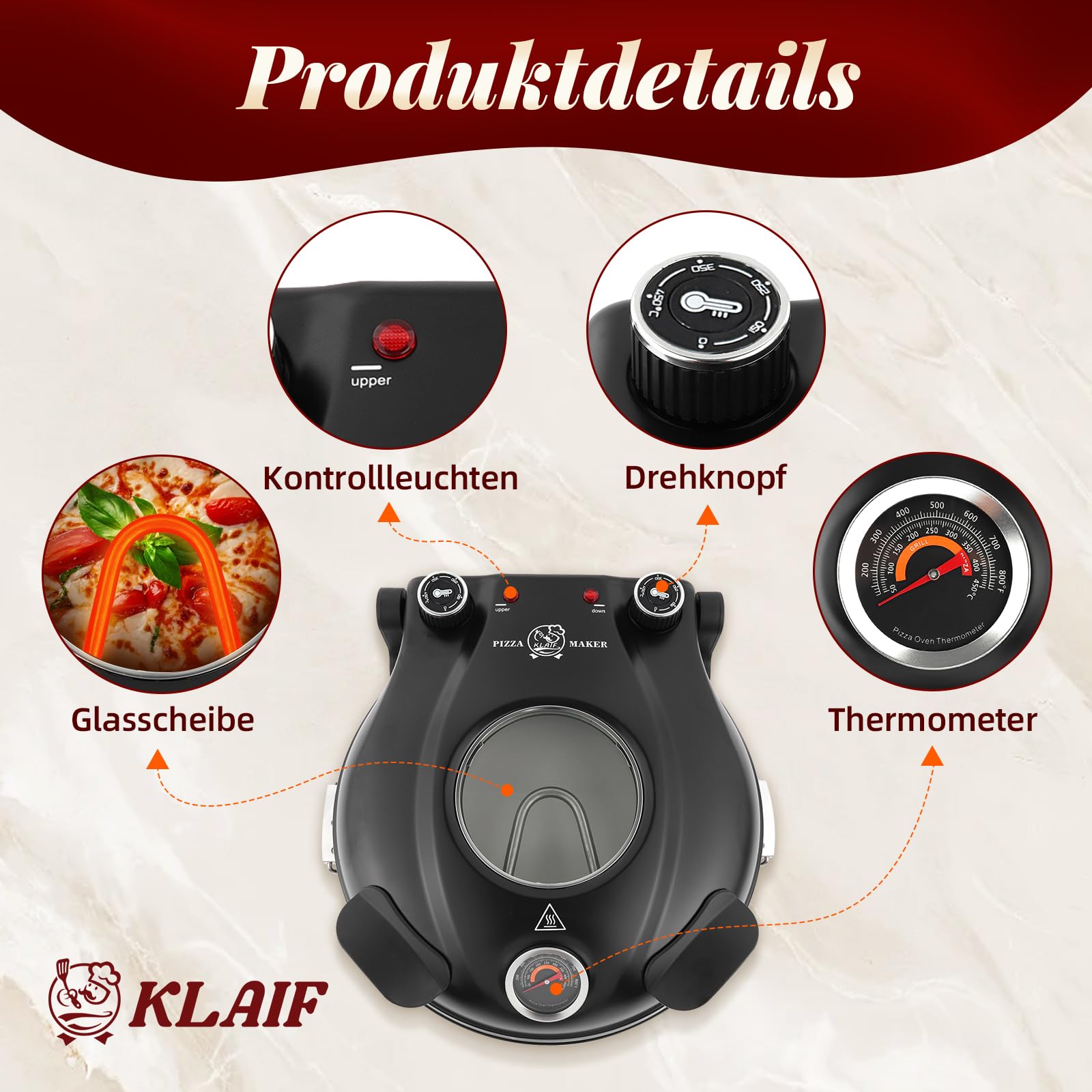 KLAIF Elektrischer Pizzaofen 420 °C, separat regelbare Ober- und Unterhitze, 31 cm Keramik-Pizzastein, 1200 W, Kompakter Pizzaofen für Zuhause, LM-Schwarz 3