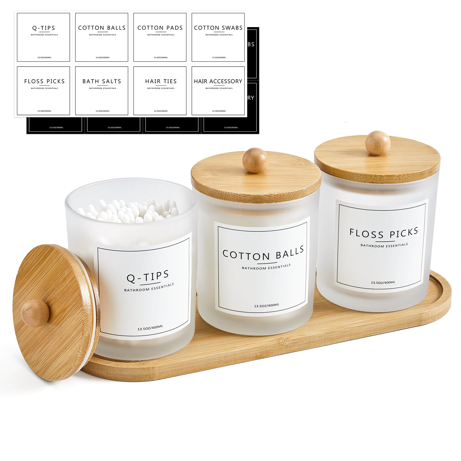 Photo 1 of 3 Pack Qtip Holder Bathroom Set with Tray,13.5oz Cotton Round Ball Pad Holder Cotton Swab Floss Pick Dispenser,Glass Apothecary Jars Canisters with Lids,Bathroom Organizers and Storage Container