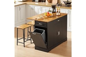 ONBRILL Stationary Kitchen Islands Include 2 Chairs, 47" Kitchen Island with Drop Leaf, Home Bar Table with Spice Rack & with Trash Cabinet, Island Table for Dining Room with Power Outlet, Black