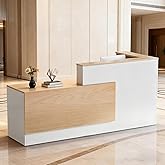 L-Shaped Large Wooden Reception Desk, Modern Front Desk Reception Counter with Lockable Drawers &amp; Storage &amp; Keyboard Tray, for Checkout, Lobby (Left-Natural Wood/White, 71''L x 42''W x 41''H)