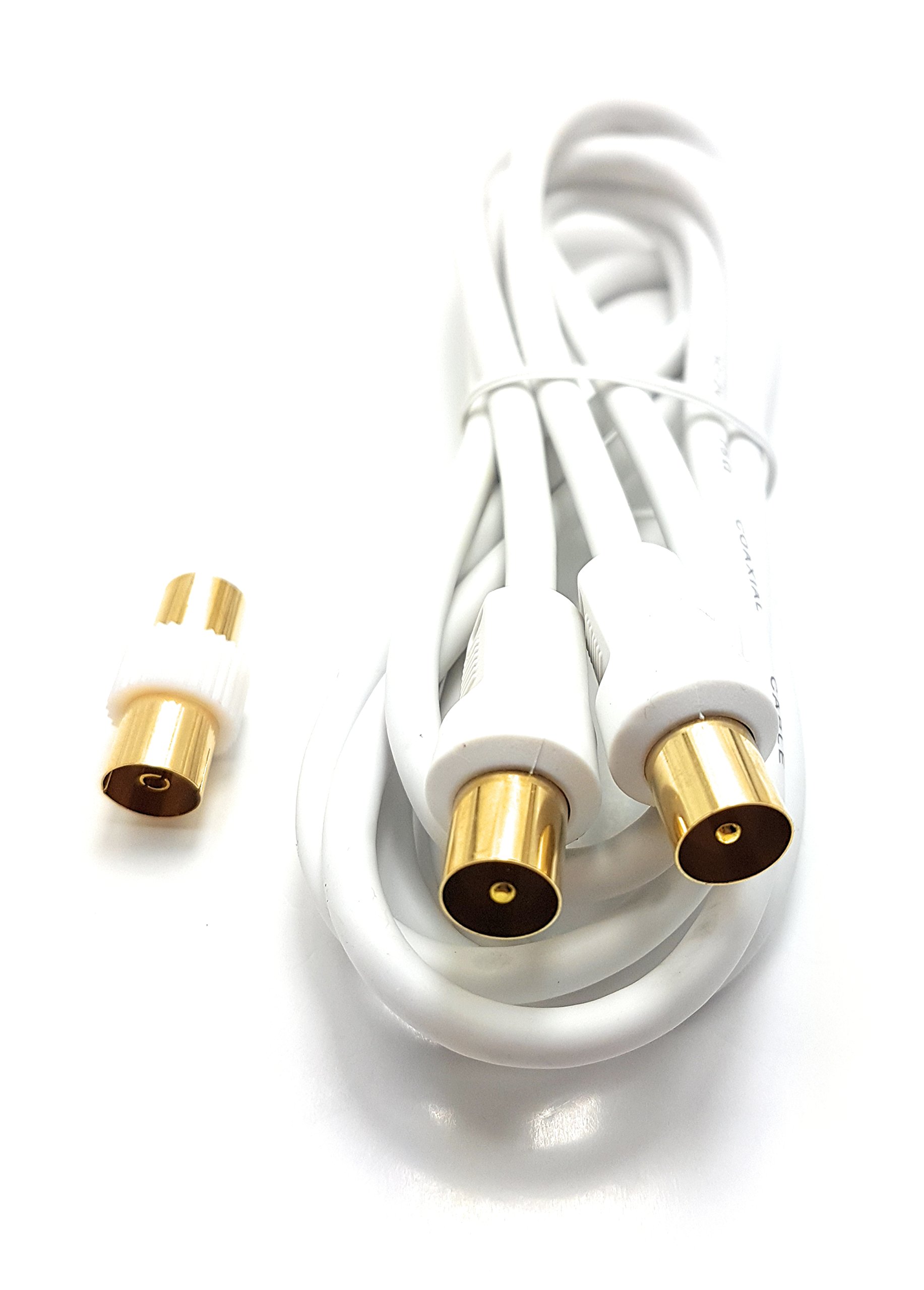MainCore 1.8 m Long White Gold Plated RF TV Freeview Plug to Plug White Aerial Antenna Lead Cable with Coupler (1.8m)