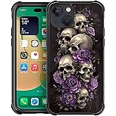 WANKBLC for iPhone 14 Case, Shockproof Protective for Man Women Non-Slip for iPhone 14 Illustration Scary Skulls Purple Roses Crazy Pattern
