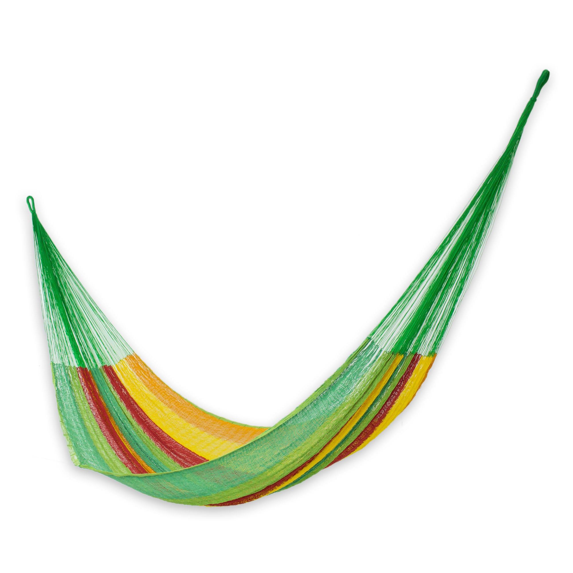 NOVICA Green Yellow Red Striped Hand Woven Cotton Mayan 2 Person XL Rope Hammock, 'Colima' (Double)