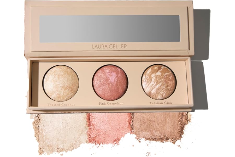 LAURA GELLER NEW YORK Geller’s Greatest Lift-n-Glow Baked Trio Palette – Highlighter, Blush, Bronzer – All Skin Tones
