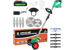 VICIEN Cordless Weed Eater Grass Trimmer,3-in-1 Lightweight Push Lawn Mower & Edger Tool with 3 Types Blades,21V 2Ah Li-Ion Battery Powered for Garden and Yard,Green