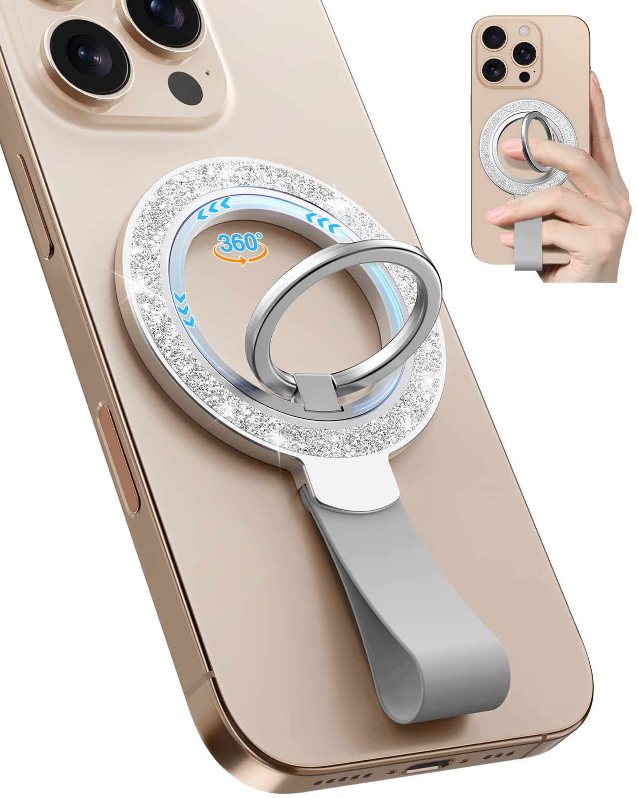 Photo 1 of Toycamp Phone Grip Ring Holder Stand Compatible with MagSafe - Magnetic Phone Accessories Grip for iPhone 16 Pro Max/16 Pro/16/15/14/13/12 Series Bling Removable Rotatable Cute for Women, Silver