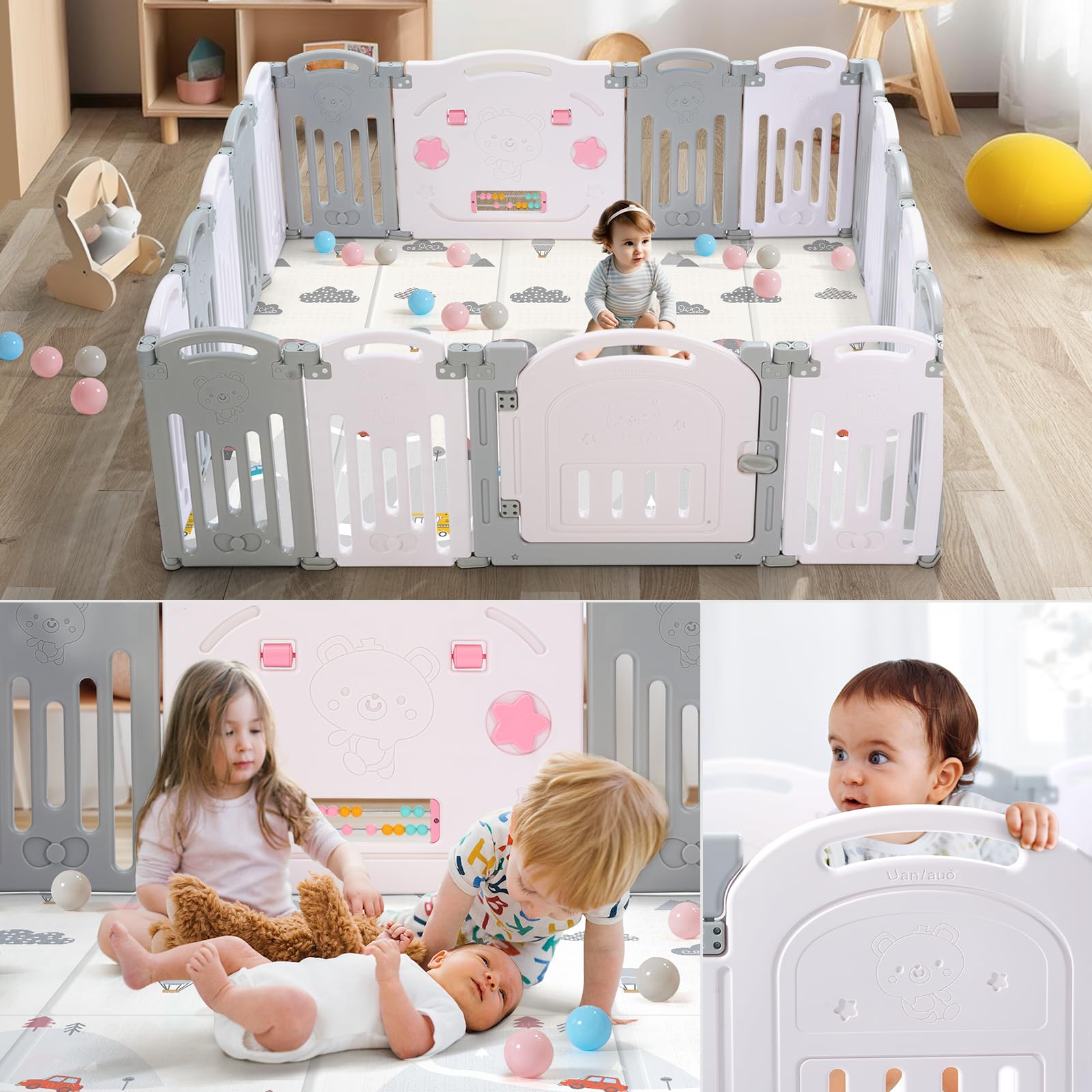 Uanlauo Baby Playpen, 18 Panel Foldable Play Yard for Toddlers, Easy Assemble Safety Baby Fence (Grey+White)