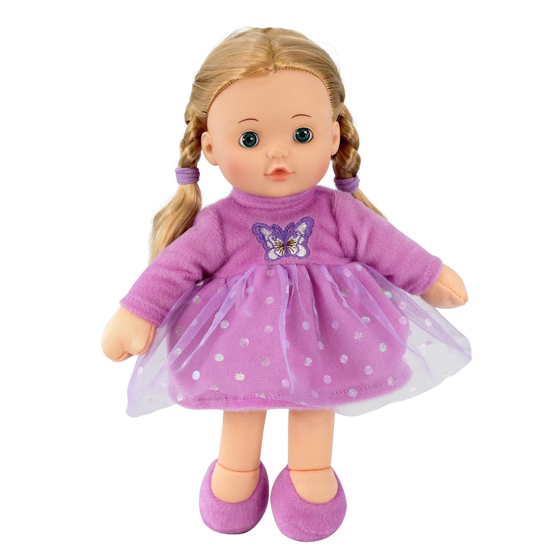 Bibi Doll 12" Rag Doll Maddie Tatters - Baby Dolls For Girls Boys - Rag Doll With Hair, Vinyl Styling Head, Soft Body, Open Close Eyes, Purple Clothes - Gifts For Girls Boys Ages 18 Months And Up