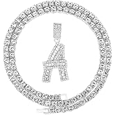 HH Bling Silver Gold Iced Out Baguette Initial Letter Necklaces for Men Women, Big Cz Diamond Capital Letter Pendant A-Z with Rope Tennis Chains
