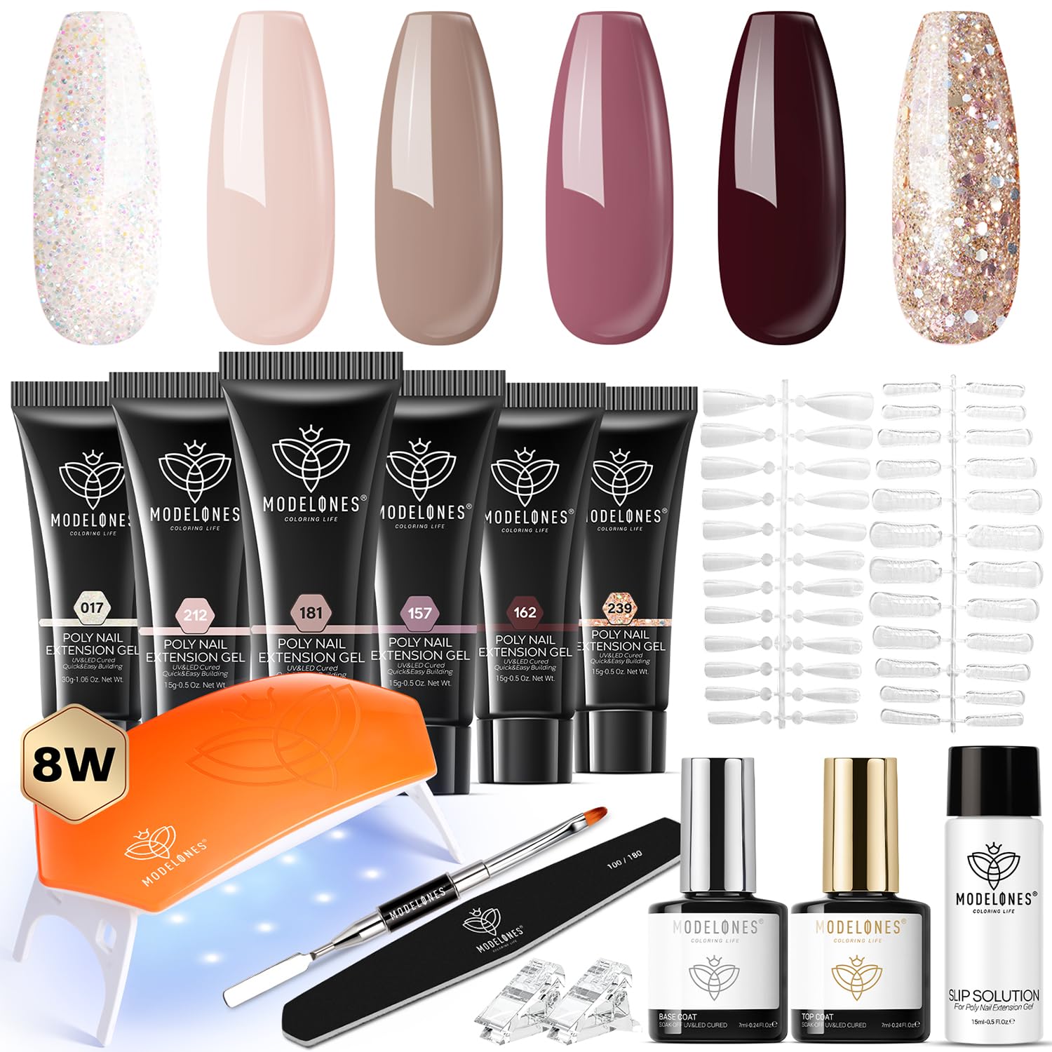 Photo 1 of modelones Poly Extension Gel Nail Kit 6 Colors with 8 W Nail Lamp Brown Red Gel Kit Nude Glitter Complete Starter Tools for Beginner DIY at Home for Women