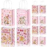 Pink Christmas Gift Bags, 12 Pcs Baby Pink Gingerbread Man Paper Party Favor Bags Set, Goodie Bags with Handles Treats Bags for Xmas Snack Treat Candy Gift Bag Decorations Birthday Party Supplies