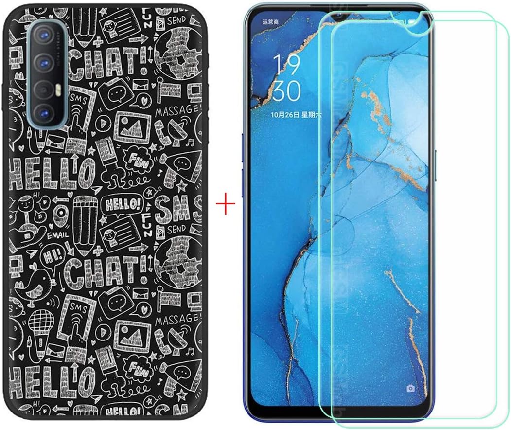 FZZ Black Case + 2 Tempered Glass for Oppo Reno 3 Pro, Screen Protector Protective Film and Gel Flexible TPU Soft Cover Silicone Shell for Oppo Reno 3 Pro (6,5") - LLM42