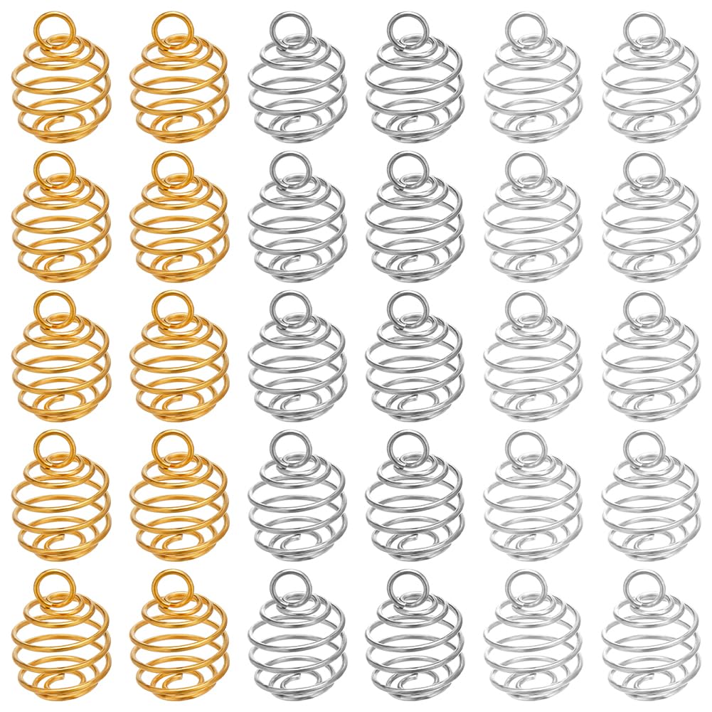CREATCABIN 108Pcs 3 Colors Spiral Bead Cage Charms Pendants Hollow Spring Ball Charms Gold Silver Round with Hole Stainless for Jewelry Making Findings DIY Craft Supplies Necklaces Earrings 11x8mm