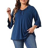 Agnes Orinda Plus Size Women's Ruffle Blouse 3/4 Sleeve V Neck Business Elegant Casual Tunic Dressy Top