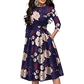 Simple Flavor Women's Floral Vintage Dress Elegant Midi Evening Dress 3/4 Sleeves