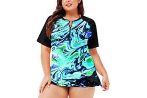 AOBUTE Women Plus Size Rash Guard Zipper Short Sleeve SPF Swim Shirts
