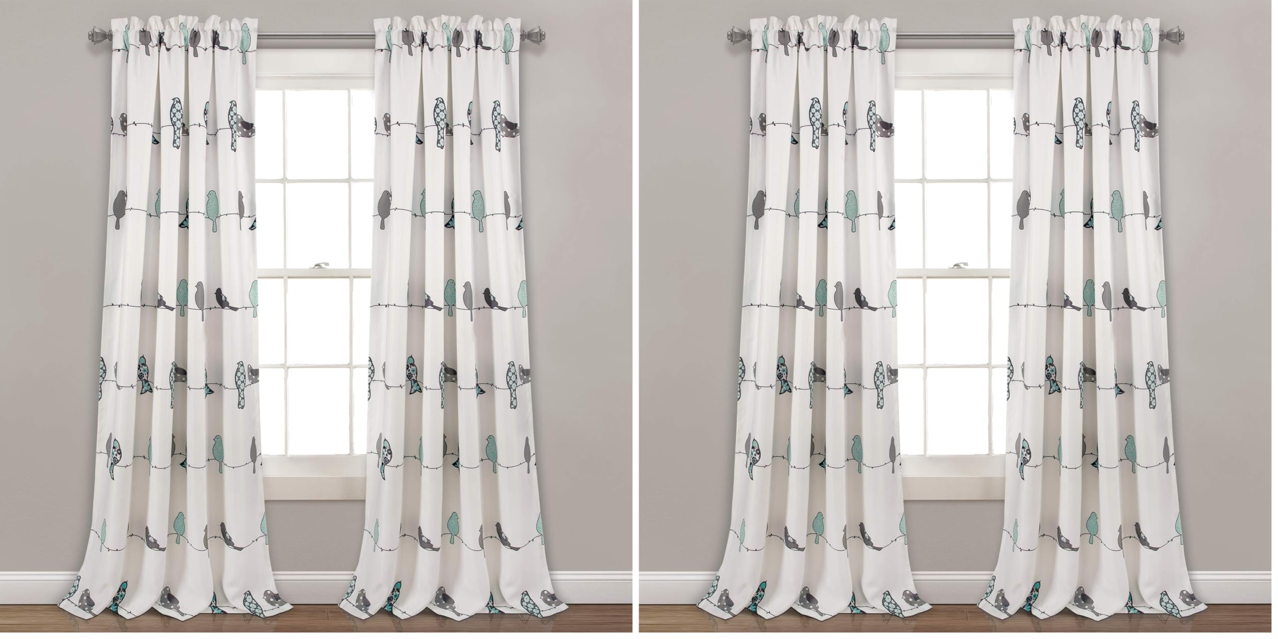 Lush Decor Rowley Birds Light Filtering Window Curtain Panels, Pair, 52" W x 84" L, Blue & Gray - Colorful Floral Print - Whimsical & Playful Bird Curtains for Bedroom, Living Room, Or Dining Room Image