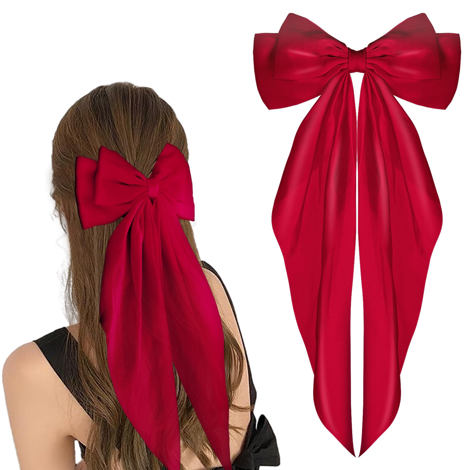 WLLHYF Big Bow Barrettes Long Tail French Ribbon Hair Pins Soft Silky Satin Hair Clip Metal Bowknot Clips 90's Accessories for Party Valentine's Day Women Girl (Wine red) — image 1
