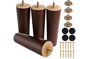 Yaliuliu 6 Inches Round Solid Wood Furniture Legs Set of 4, Brown Wooden Replacement Feet with Threaded 5/16'' Hanger Bolts for Sofa, Couch, Armchair, Cabinet, TV Stand, Ottoman and Dresser