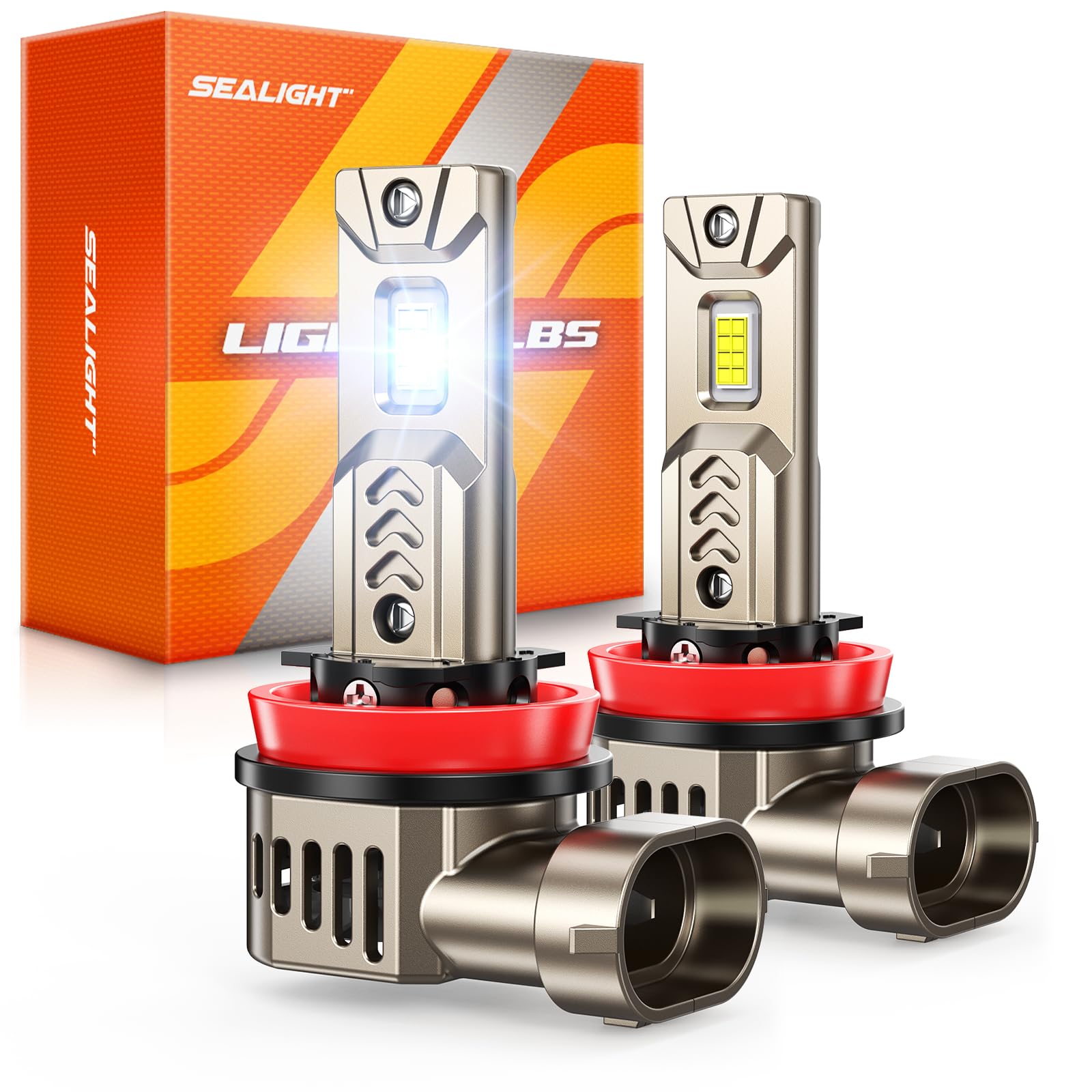 SEALIGHT H11/H9/H8 Light Bulb, 10X Super Brighter than Halogen, 6500K White Built-in Driver, LED Bulbs 360° Adjustable Plug-N-Play, 70000Hrs Lifespan with Cooling Fan, IP68 Waterproof, 2 Pack Image