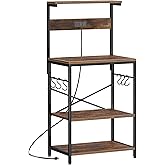 SUPERJARE Kitchen Bakers Rack with Power Outlet, Coffee Bar Table 4 Tiers, Kitchen Microwave Stand with 6 S-shaped Hooks, Storage Shelf Rack for Spices, Pots and Pans - Rustic Brown