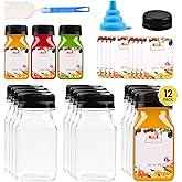 12pcs 4oz Mini Plastic Juice Bottles with Caps for Juicing & Smoothies, Reusable Empty Clear Bottles with Label, Funnel and B